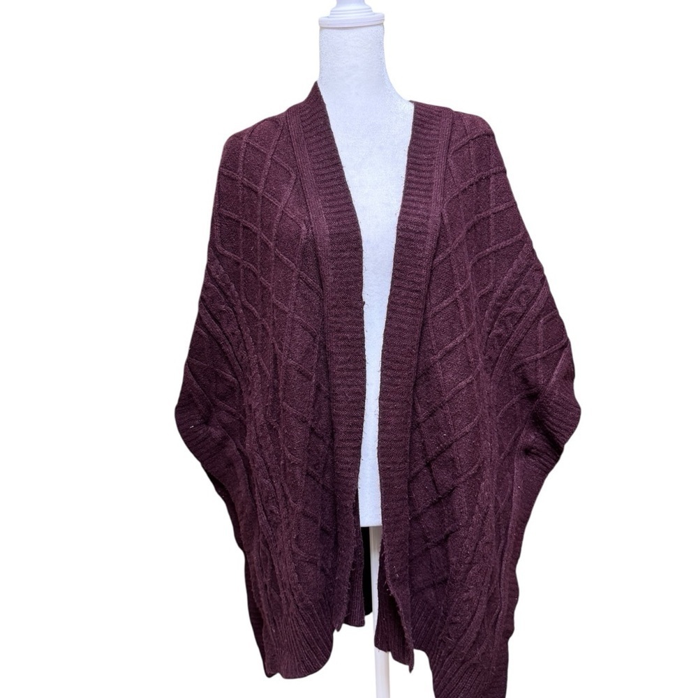 LOFT M/L Burgundy Cable Knit Open Front Cardigan Sweater Wrap Wool Blend Cozy
